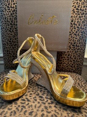 Brand New in Box. Celeste Gold Crystal-Embellished 4” Platform Wedge Sandals
